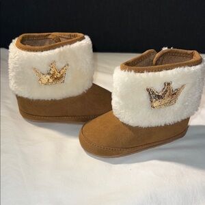 Brown and White Baby walker Boots with Gold Crown